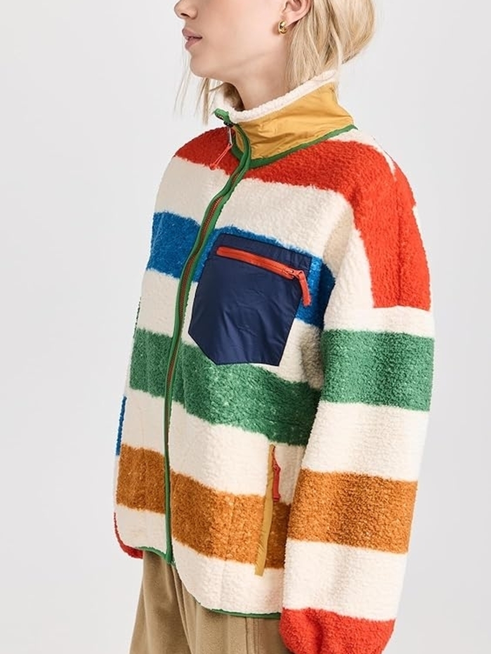 Striped Sherpa Zip Jacket in Cream, Red, Green, Blue & Tan